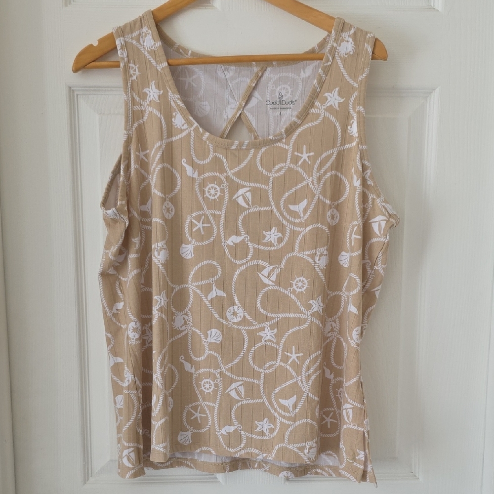 Cuddl Duds Beige and White Patterned Tank Top